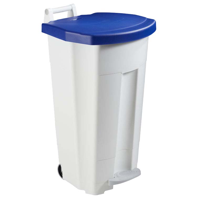 Collecteur mobile à pédale 90L - Blanc - Couvercle Bleu