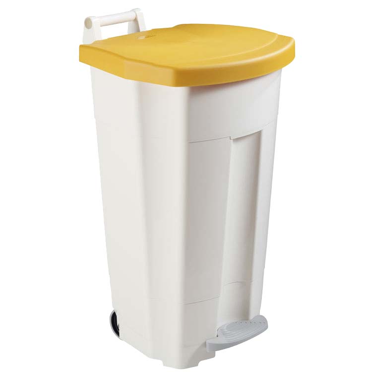 Collecteur mobile à pédale 90L - Blanc - Couvercle Jaune