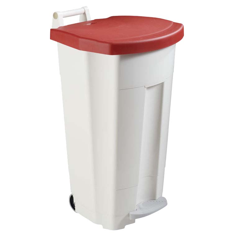 Collecteur mobile à pédale 90L - Blanc - Couvercle Rouge