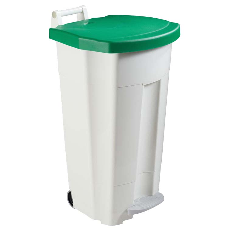 Collecteur mobile à pédale 90L - Blanc - Couvercle Vert
