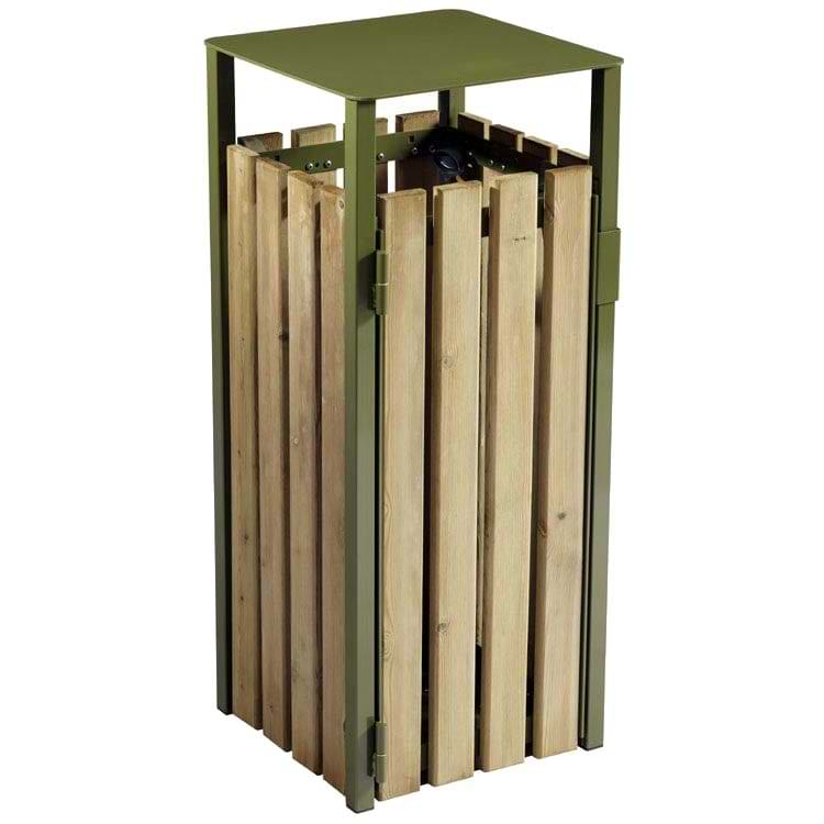 Corbeille acier et lattes bois 110L sans cendrier - Vert olive RAL 6003