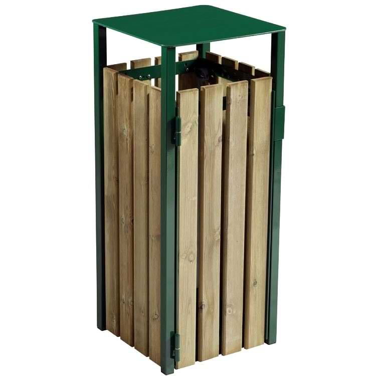 Corbeille acier et lattes bois 110L sans cendrier - Vert mousse RAL 6005
