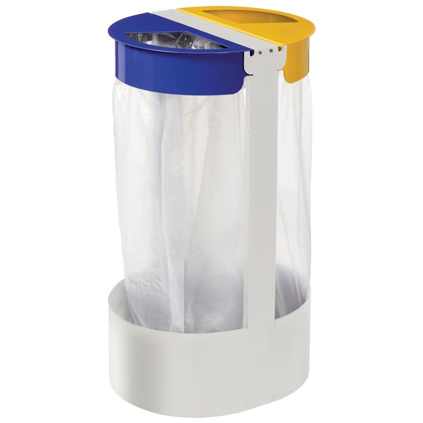Support sac tri-sélectif blanc 2 flux 2 X 75L - Jaune RAL 1021 / Bleu RAL 5002