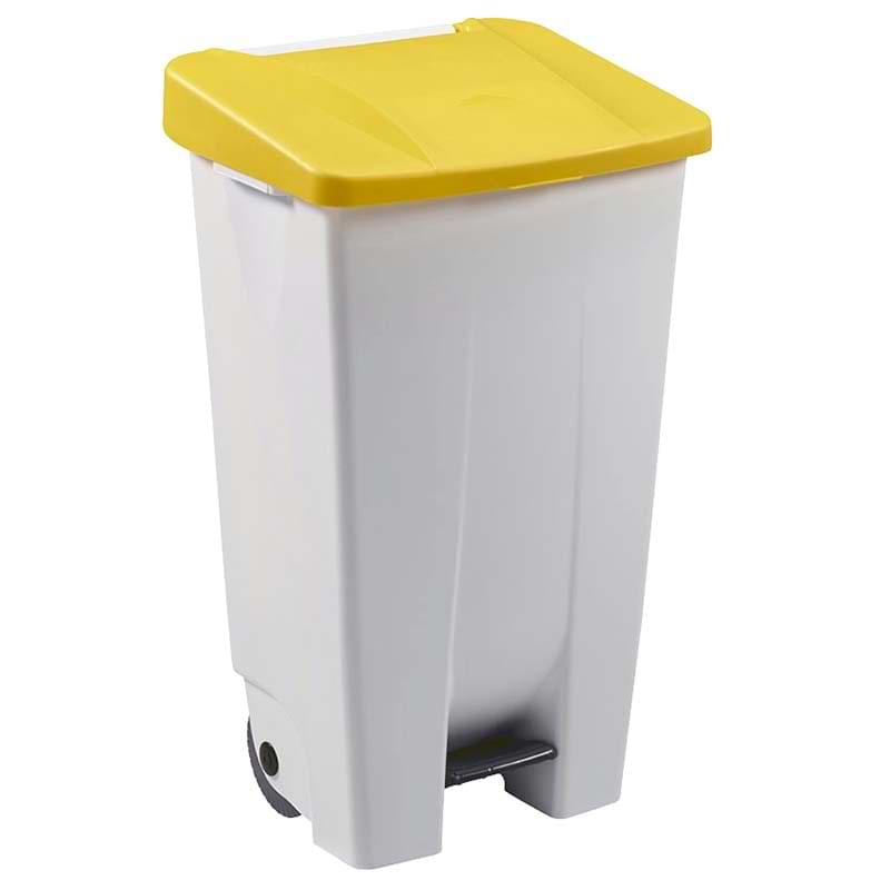 Collecteur mobile à pédale 120L - Blanc - Couvercle Jaune