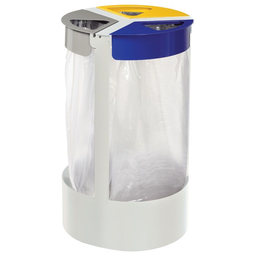 Support sac tri-sélectif blanc 3 flux 3 X 45L - Jaune RAL 1021 / Bleu RAL 5002 / Gris RAL 7033
