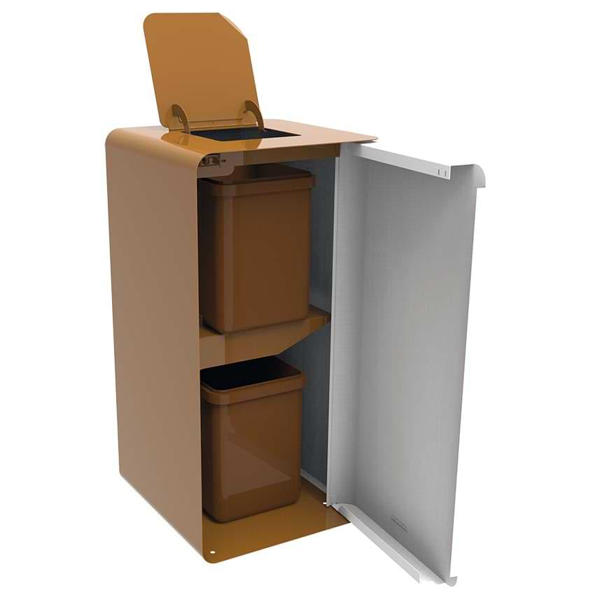 Borne de tri spéciale Biodéchets 2 X 10L - Marron RAL 8001 - Porte blanc RAL 9016