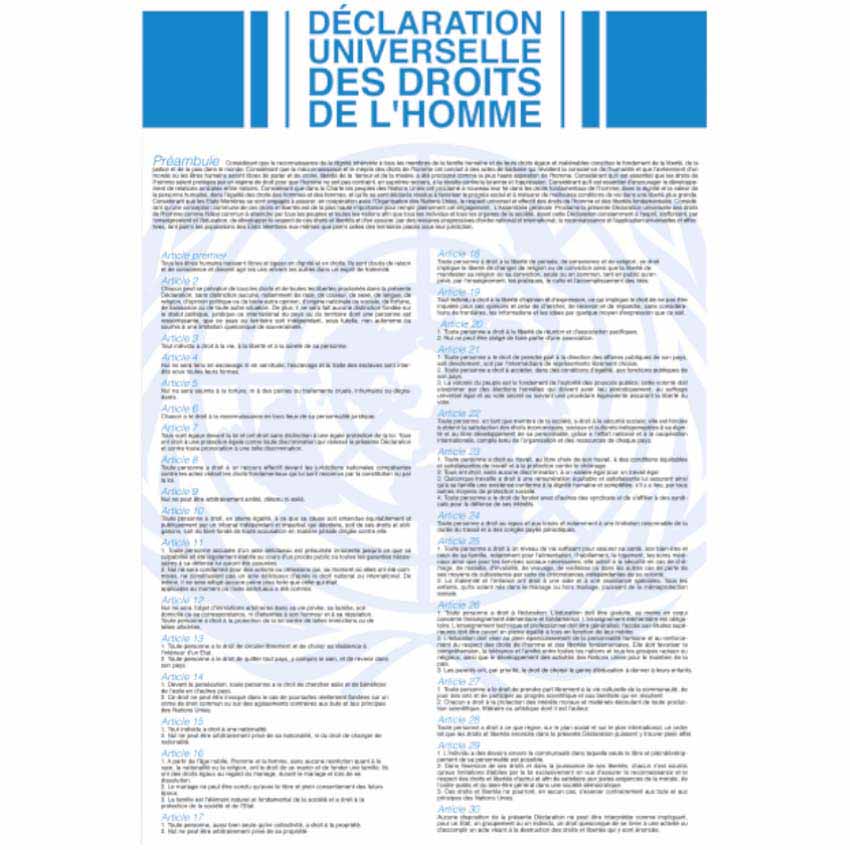 Plaque Déclaration universelle PVC A3 - 297 x 420 mm - Modèle ONU