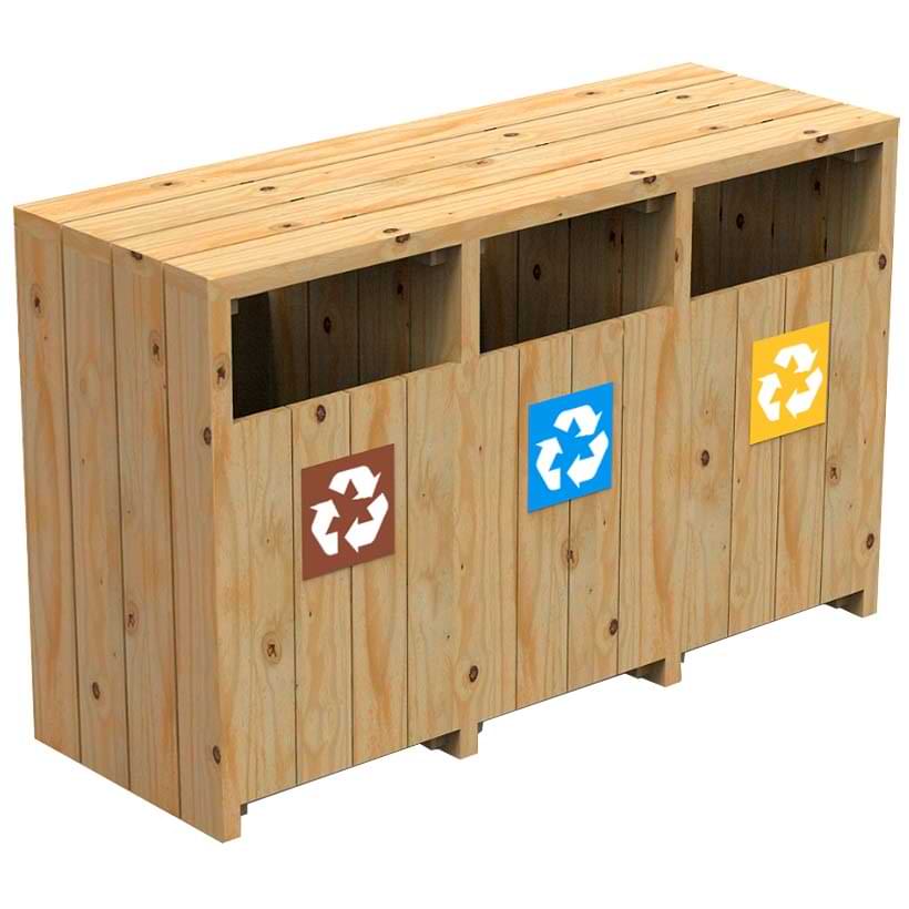 Corbeille tri-sélectif bois - 3 bacs