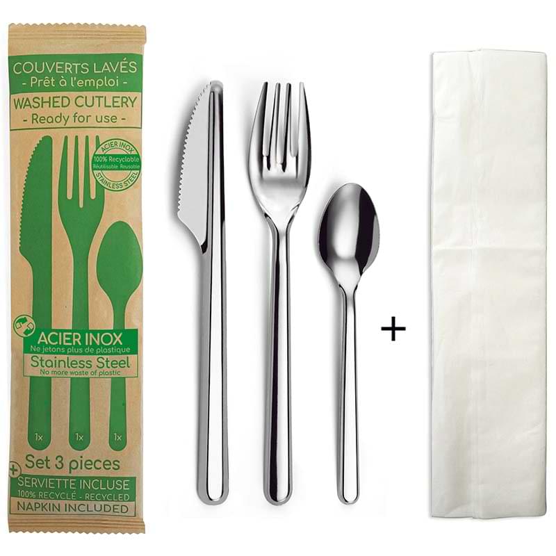Set couverts inox 3 pièces (Couteau - Fourchette - Petite cuillère) + Serviette papier